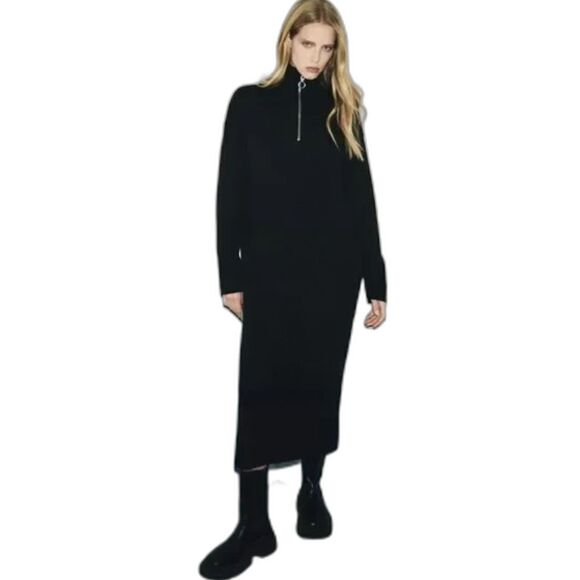 Zara Quarter Zip Maxi Sweater Dress with Ribbed Knit Trim in Black size Small - Picture 3 of 13